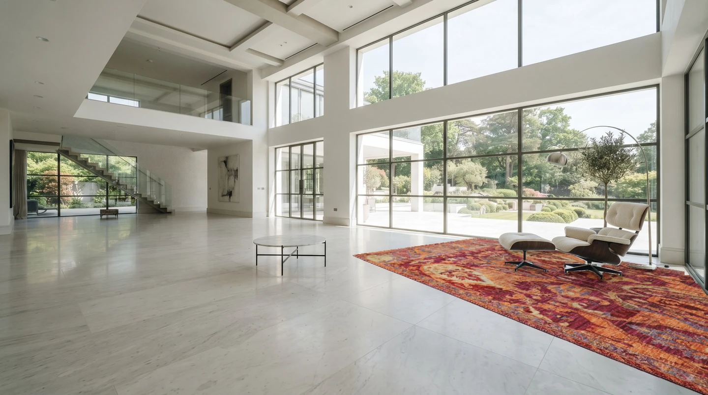 Earlier room review with the rug placed near the lounge chair and glass wall